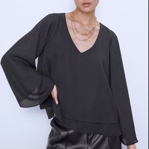 Black semi sheer blouse bell sleeves